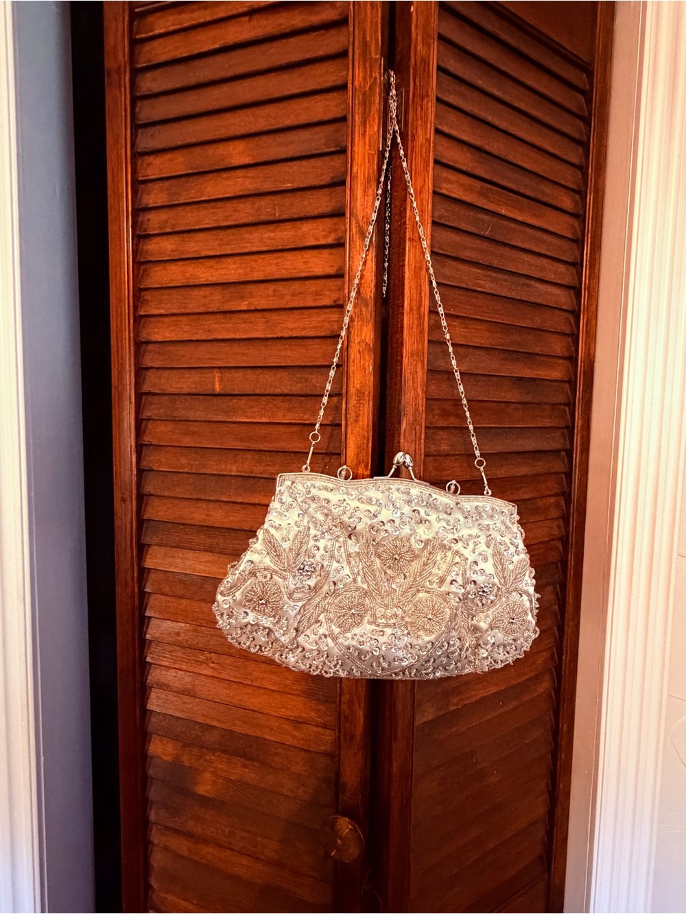 Beaded Silver Evening Clutch Bag with Chain Strap